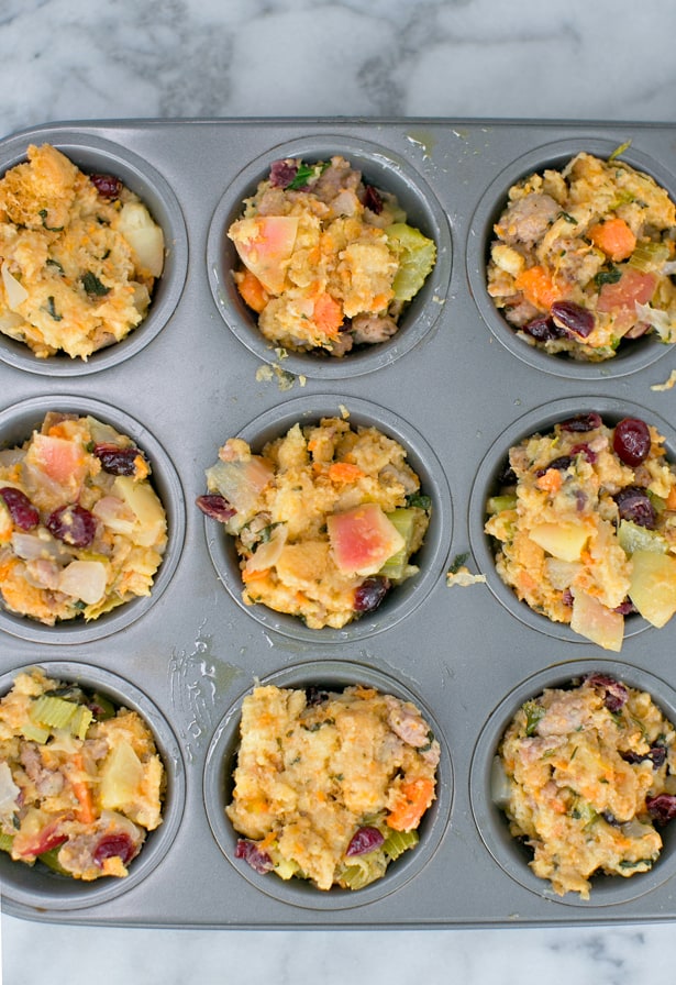 MUFFIN SAUSAGE SWEET POTATO STUFFING WITH APPLES AND CRANBERRIES